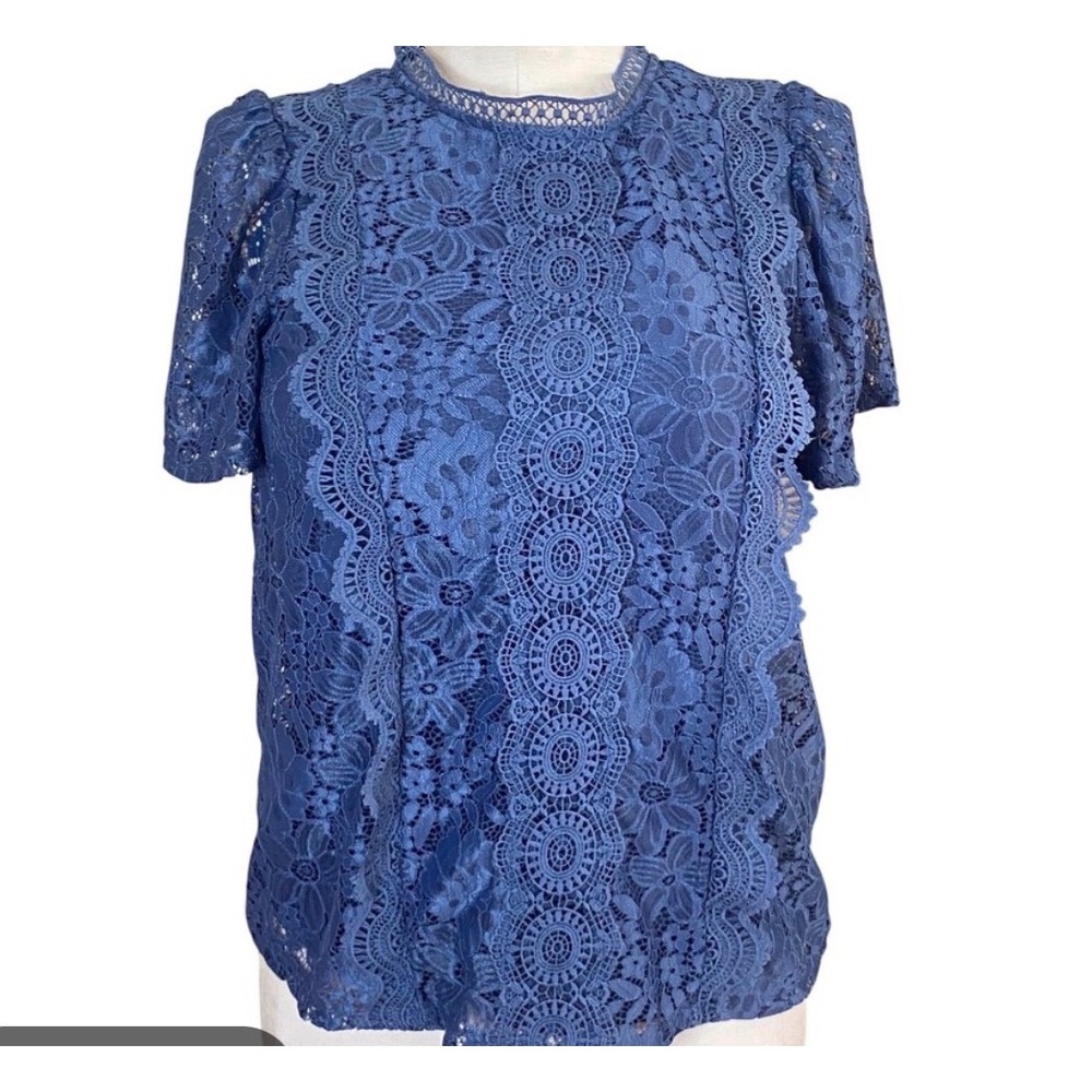 Cable & Gauge Blue Floral Lace Crochet Blouse Top Mock Neck Short Sleeve Small
